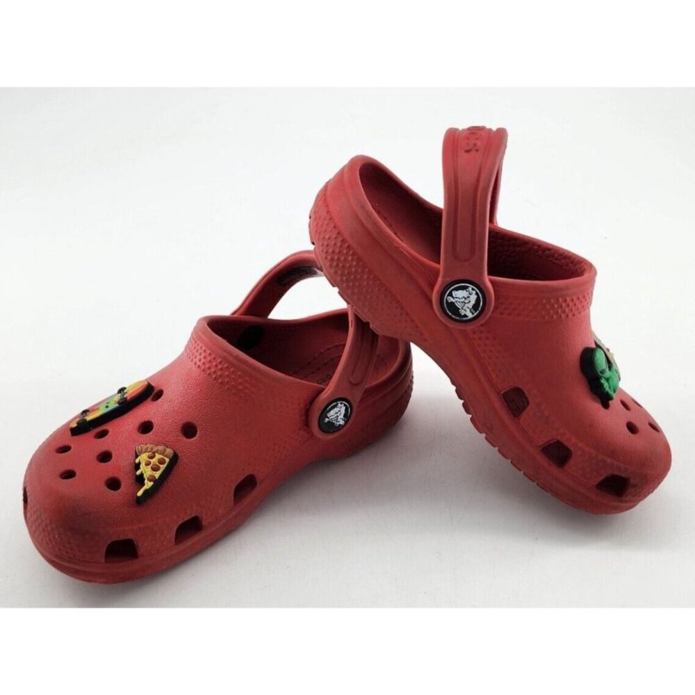 Crocs Kids Red‎ Alien Pizza Video Game Jibbitz Slip On Clog Youth Size C 9